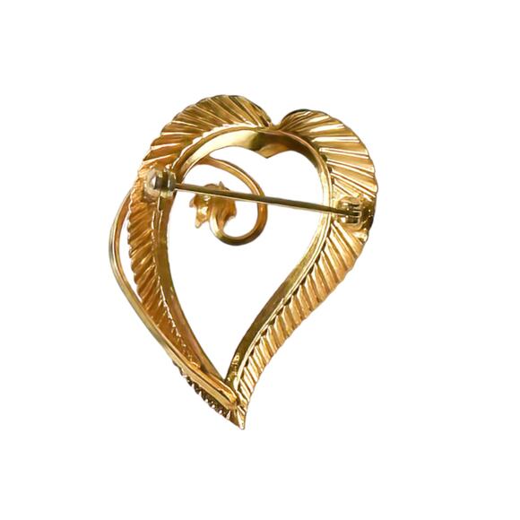 1960s Gold Plated Faux Glass Pearl Asymmetrical Heart Pin - Picture 2 of 3